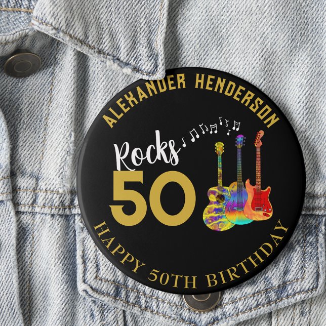 50th Birthday Name Guitars Music Rock 50 10 Cm Round Badge (Rock and roll 50th birthday button personalized rocks 50 gold typography & funky psychedelic guitars)