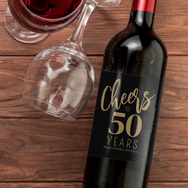 50th Birthday name personalised cheers gold black Wine Label (Creator Uploaded)