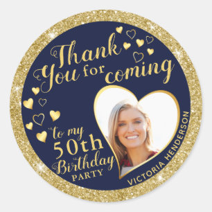 50th Birthday Navy Blue and Gold Favour Thank You Classic Round Sticker