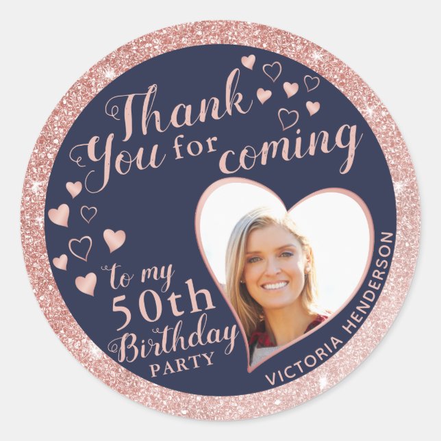 50th Birthday Navy Blue and Rose Gold Thank You Classic Round Sticker (Front)