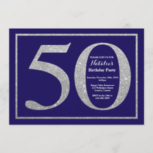 50th Birthday Navy Blue and Silver Glitter Invitation