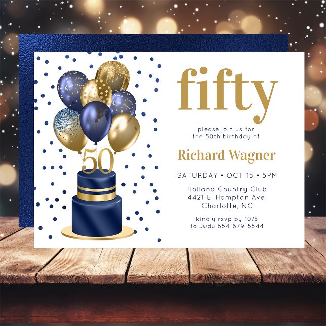 50th Birthday Navy Blue Balloon Cake Invitation (Creator Uploaded)