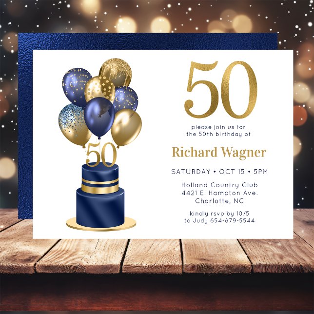 50th Birthday Navy Blue Balloon Cake Invitation (Creator Uploaded)