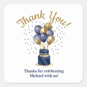 50th Birthday Navy Blue Balloon Cake Thank You Square Sticker