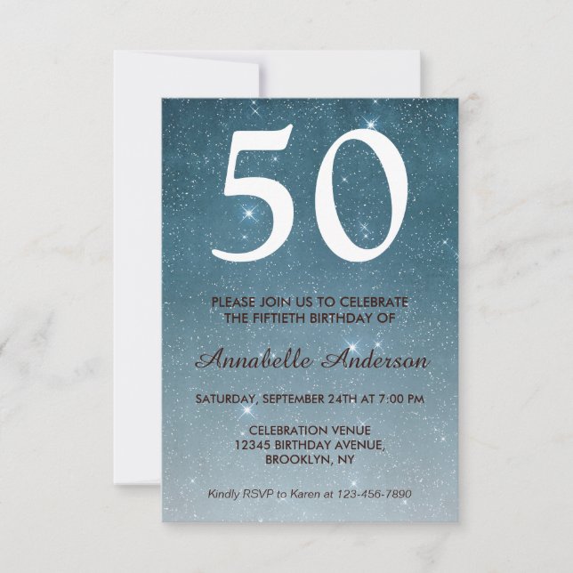 50th Birthday Navy Blue Galaxy Night Stars Sparkle Invitation (Front)