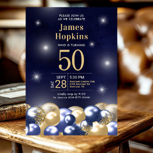 50th Birthday Navy Blue Gold Balloons Invitation
