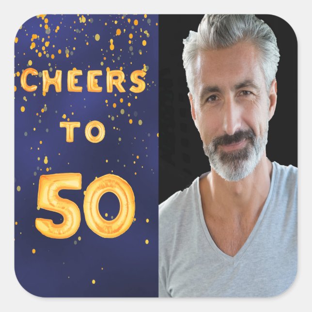 50th birthday navy blue gold cheers square sticker (Front)
