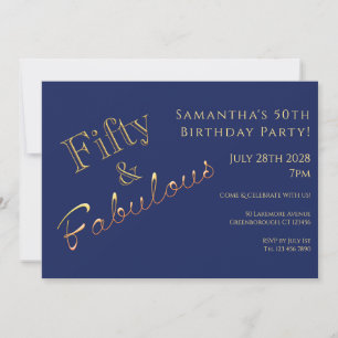 50th Birthday Navy Blue Gold Party Invitation