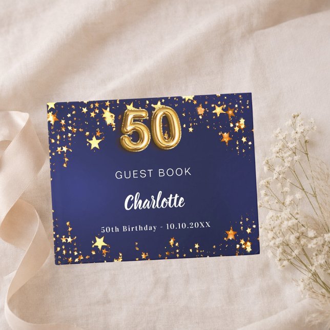 50th Birthday navy blue gold stars Guest Book (Creator Uploaded)