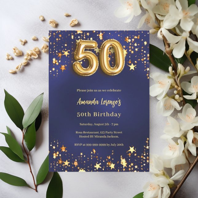 50th birthday navy blue gold stars invitation (Creator Uploaded)
