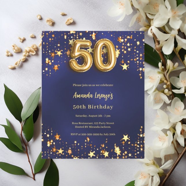 50th birthday navy blue gold stars invitation (Creator Uploaded)