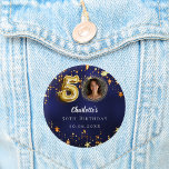 50th birthday navy blue gold stars photo 6 cm round badge<br><div class="desc">Navy blue uneven coloured background,  decorated with golden stars. Personalise and add a photo,  name,  age,  date.</div>