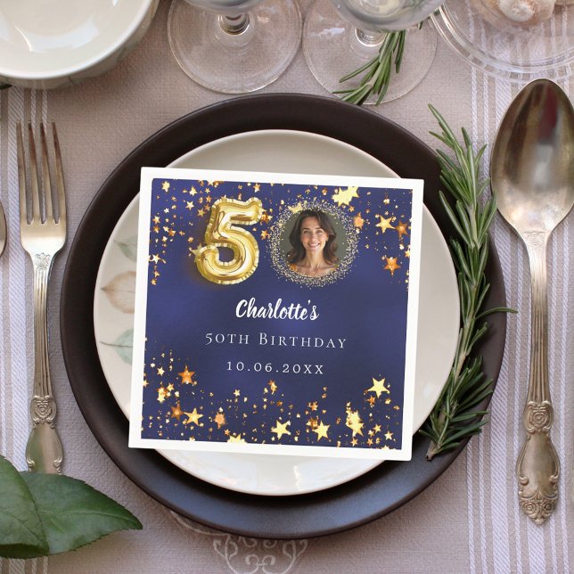 50th birthday navy blue gold stars photo napkin (Creator Uploaded)