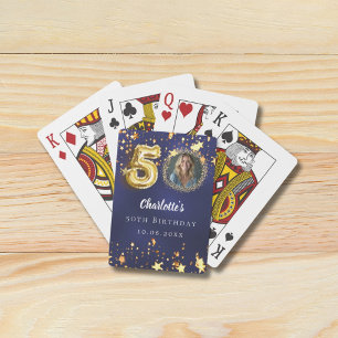 50th birthday navy blue gold stars photo playing cards