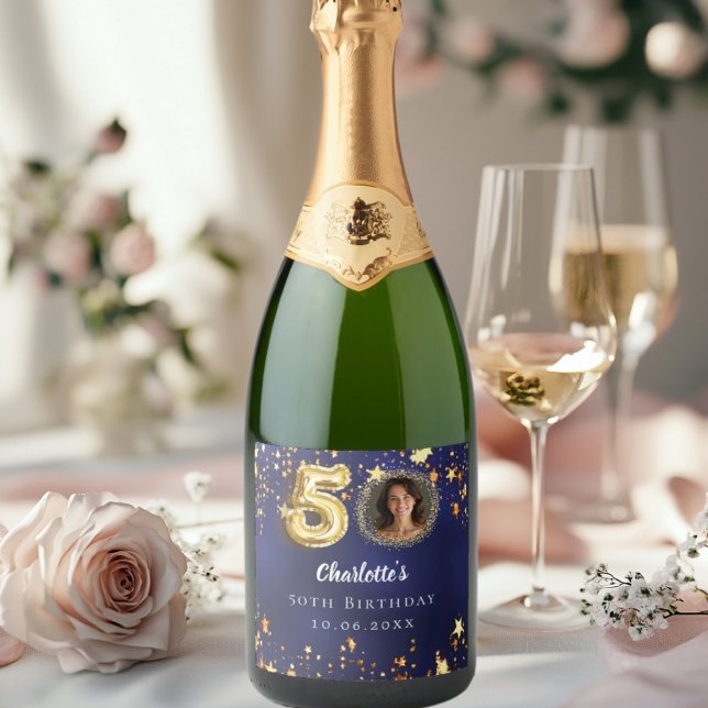 50th birthday navy blue gold stars photo sparkling wine label (Creator Uploaded)