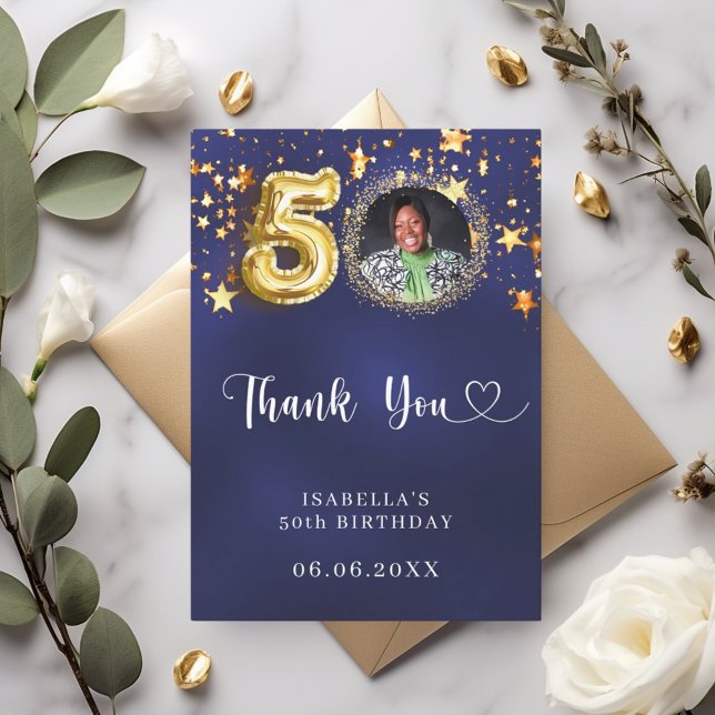 50th birthday navy blue gold stars photo thank you card (Creator Uploaded)