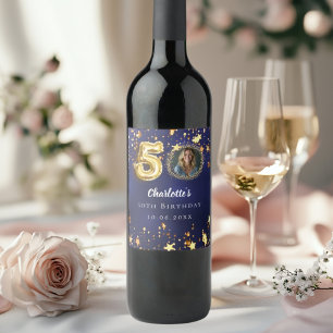50th birthday navy blue gold stars photo wine label