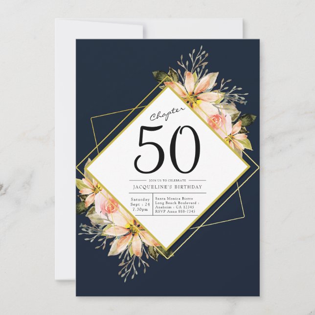 50th Birthday Navy Blue Invitation (Front)