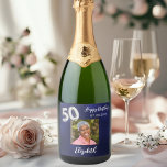 50th Birthday navy blue photo Sparkling Wine Label<br><div class="desc">A navy blue background. The blue colour is uneven. Personalise and add a date,  name and a photo.  Age number written with a faux silver looking balloon style font.</div>