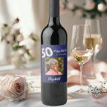 50th Birthday navy blue photo Wine Label<br><div class="desc">A navy blue background. The blue colour is uneven. Personalise and add a date,  name and a photo.  Age number written with a faux silver looking balloon style font.</div>
