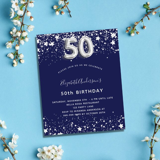 50th birthday navy blue silver budget invitation flyer (Creator Uploaded)