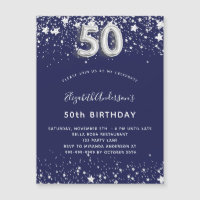 50th birthday navy blue silver invitation magnet
