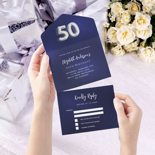 50th Birthday navy blue silver rsvp All In One Invitation (Creator Uploaded)