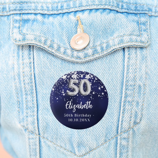 50th birthday navy blue silver stars 3 cm round badge (Creator Uploaded)
