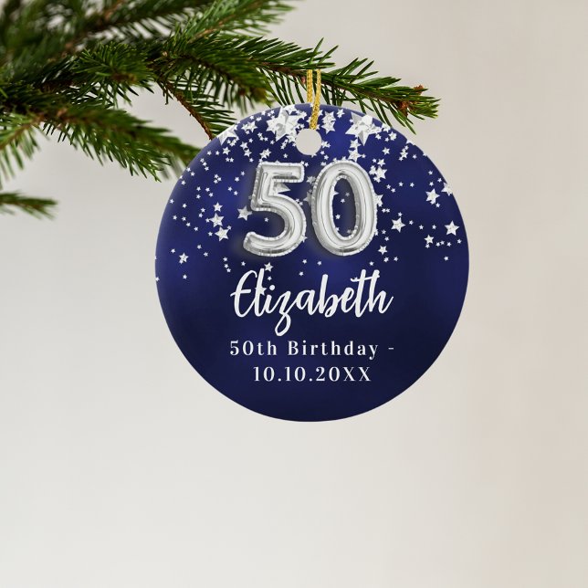 50th birthday navy blue silver stars ceramic tree decoration (Creator Uploaded)