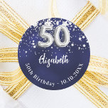 50th birthday navy blue silver stars classic round sticker<br><div class="desc">A sticker for a 50th birthday party. A navy blue background colour with faux silver stars. The blue colour is uneven.  Add your name,  text.</div>