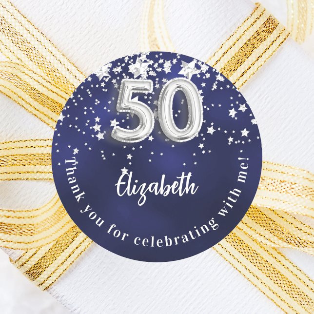 50th birthday navy blue silver stars classic round sticker (Creator Uploaded)