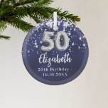50th birthday navy blue silver stars glass tree decoration<br><div class="desc">A navy blue background colour with faux silver stars. The blue colour is uneven.  Add your name,  text/date</div>
