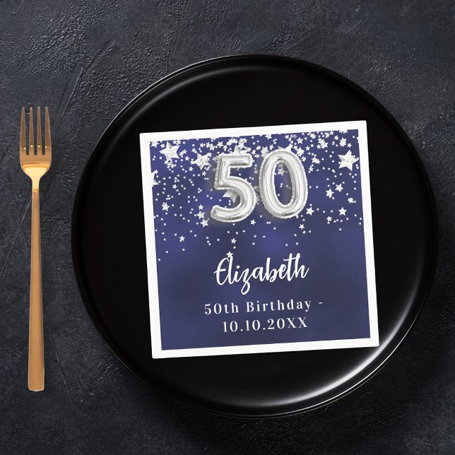 50th birthday navy blue silver stars napkin (Creator Uploaded)