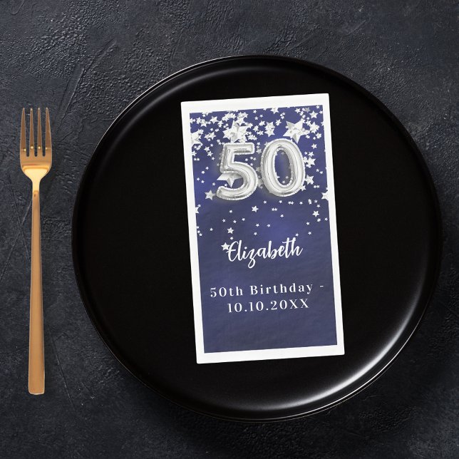 50th Birthday navy blue silver stars Napkin (Creator Uploaded)