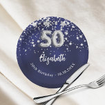 50th Birthday navy blue silver stars Paper Plate<br><div class="desc">For a 50th birthday celebration. A navy blue background colour with faux silver stars. The blue colour is uneven.  Add your name,  text.</div>