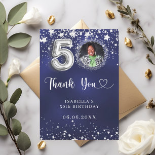 50th birthday navy blue silver stars photo thank you card