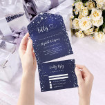 50th Birthday navy blue silver stars rsvp All In One Invitation<br><div class="desc">A navy blue background,  decorated with stars. The blue colour is uneven.  Personalise and add name,  party details,  RSVP date,  return address and name. Fifty is written with a heart.</div>