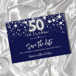 50th birthday navy blue silver stars save the date<br><div class="desc">A girly and trendy Save the Date card for a 50th birthday party. A navy blue coloured background. Decorated with faux silver stars. The text: Save the Date is written with a large trendy hand lettered style script. Number 50 is written with a balloon style font.</div>