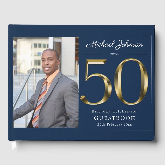 50th Birthday Navy Blue Solid Gold Custom Photo  Guest Book (Front)