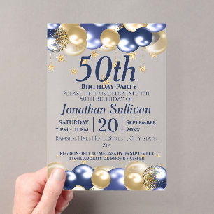 50th Birthday Navy Gold Balloons Party Acrylic Invitations
