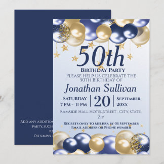 50th Birthday Navy Gold Balloons Party Invitation