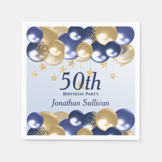 50th Birthday Navy Gold Balloons Party Napkin (Front)