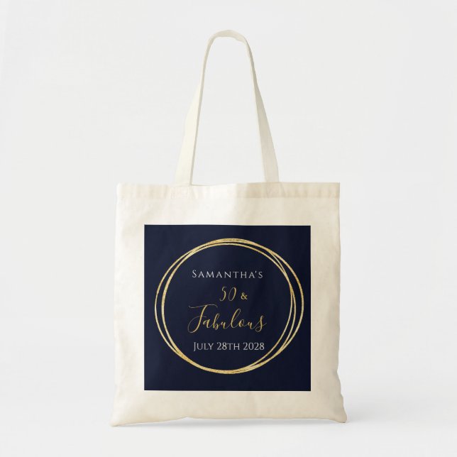 50th Birthday Navy Gold Birthday Party Favour Tote Bag (Front)