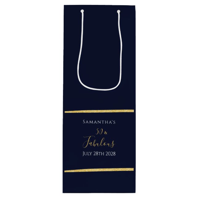 50th Birthday Navy Gold Elegant Stylish Party Wine Gift Bag (Front)