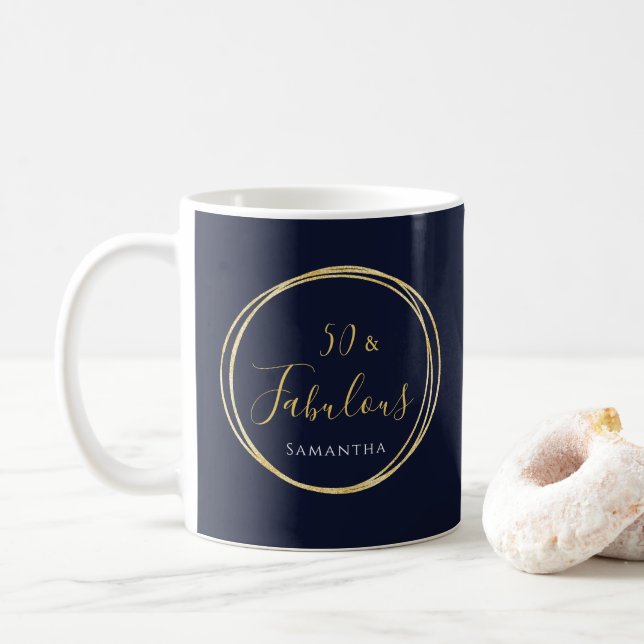 50th Birthday Navy Gold Personalised Coffee Mug (With Donut)