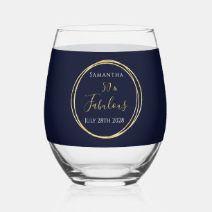 50th Birthday Navy Gold Personalized Party Favor Stemless Wine Glass