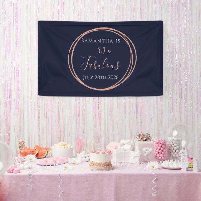 50th Birthday Navy Rose Gold Birthday Party Banner (Party)