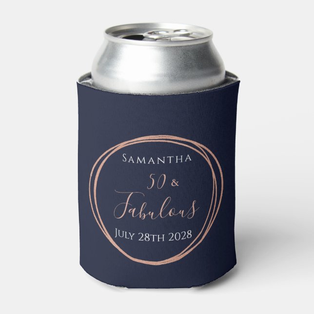 50th Birthday Navy Rose Gold Personalised Party Can Cooler (Can Front)