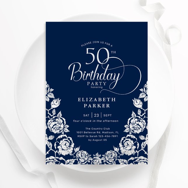 50th Birthday Navy Silver Roses Invitation (Creator Uploaded)