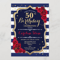 50th Birthday - Navy White Stripes and Red Roses